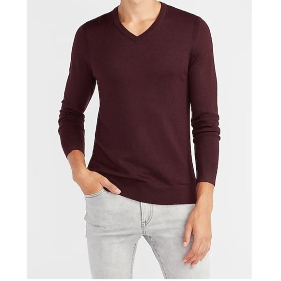 Express Burgundy Merino Wool Blend Long Sleeve V Neck Sweater P1746 - Picture 1 of 8